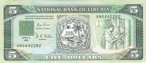 Liberia - 5 Dollars - P-20 - 1991 dated Foreign Paper Money